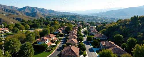 Aerial view of Simi Valley showcasing suburban homes and lush greenery,  cityscape,  aerial view
