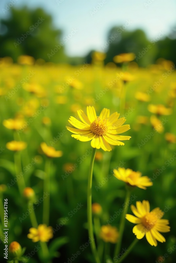 Closeup of vibrant yellow tansy flowers blooming in a meadow, flowers, sunny Closeup of vibrant yellow tansy flowers blooming in a meadow, flowers, sunny