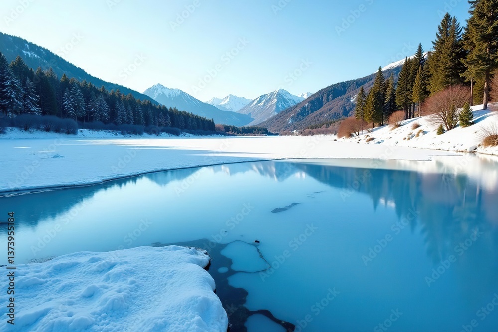 Obraz premium Frozen lake covered with blue ice and cracks, surrounded by hills of pine trees under a clear winter sky in the Carpathian Mountains, Ukraine, Europe, cold, blue ice