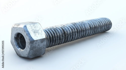 Close-up of a single metallic hexagonal bolt with detailed threads lying on a smooth white reflective surface for industrial use
