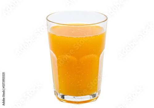 Clear glass of fresh orange juice with bubbles, bright and vibrant on white background