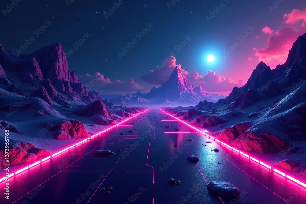 Fototapeta premium Futuristic digital landscape with glowing pathways leading through abstract geometric shapes and neon lights, tech, geometric