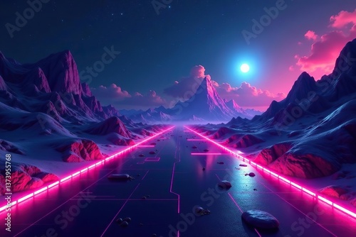 Futuristic digital landscape with glowing pathways leading through abstract geometric shapes and neon lights, tech,  geometric