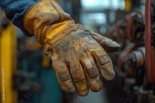 Close-up of a worker wearing rugged, oil-stained leather gloves in an industrial setting with machinery in the background