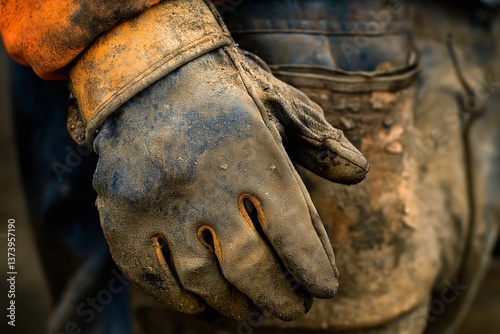 Close-up of a worn, dirty work glove on construction worker's hand, emphasizing hard labor and rugged outdoor conditions