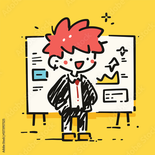 Red haired boy looks happy while presenting data on whiteboard