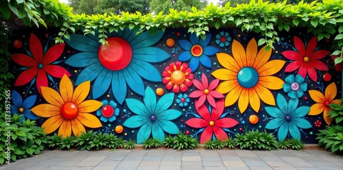A vibrant and colorful outdoor mural featuring abstract designs and patterns amidst lush greenery,  texture,  outdoor