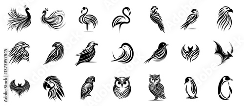 Tribal animals and birds collection in black tattoo style on transparent background	