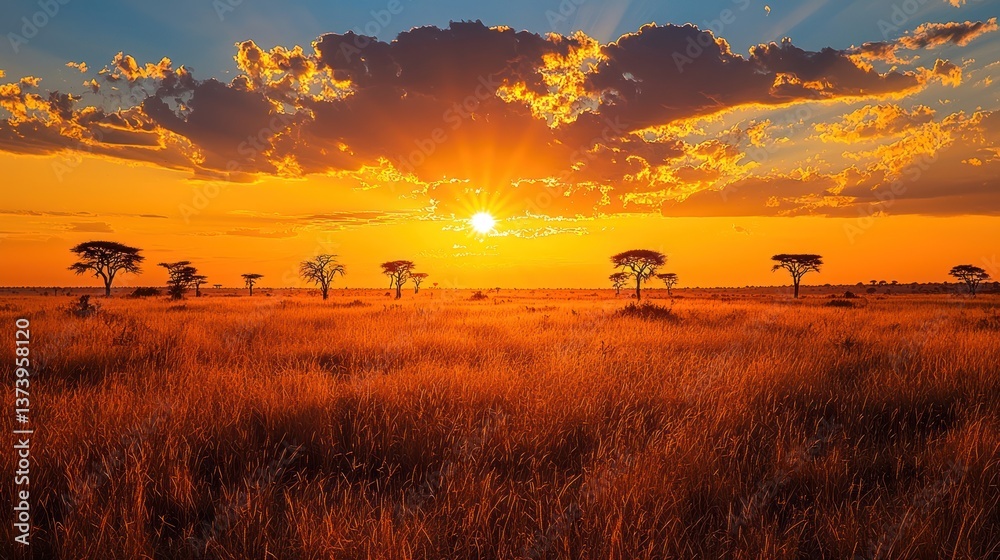 Obraz premium African savanna sunset, golden light, acacia trees, vast grasslands