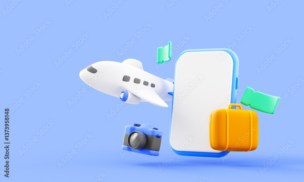 Obraz premium 3D travel booking icon with airplane and phone. Minimal 3D travel illustration showing airplane, mobile phone, camera and luggage for online booking or vacation planning.