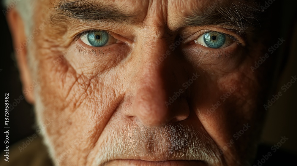 Close-up portrait of a senior man with intense blue eyes and detailed facial lines, conveying wisdom, experience, and depth of character Close-up portrait of a senior man with intense blue eyes and detailed facial lines, conveying wisdom, experience, and depth of character