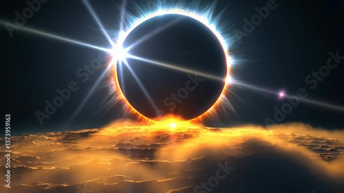 Total solar eclipse over alien landscape glowing horizon; concept of science discovery and exploration


