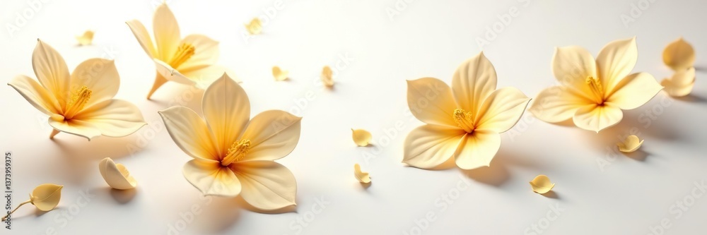 Obraz premium Beautiful 3D golden flowers floating on a pristine white background, spring, bright