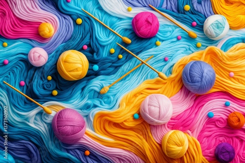 Colorful yarn balls and knitting needles arranged on a vibrant wavy fabric background with scattered small colored beads