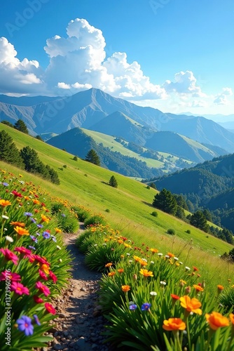 Beautiful landscape view of Figueroa Mountain in Los Padres National Forest with rolling hills, colorful wildflowers, and a clear blue sky,  outdoor,  wilderness