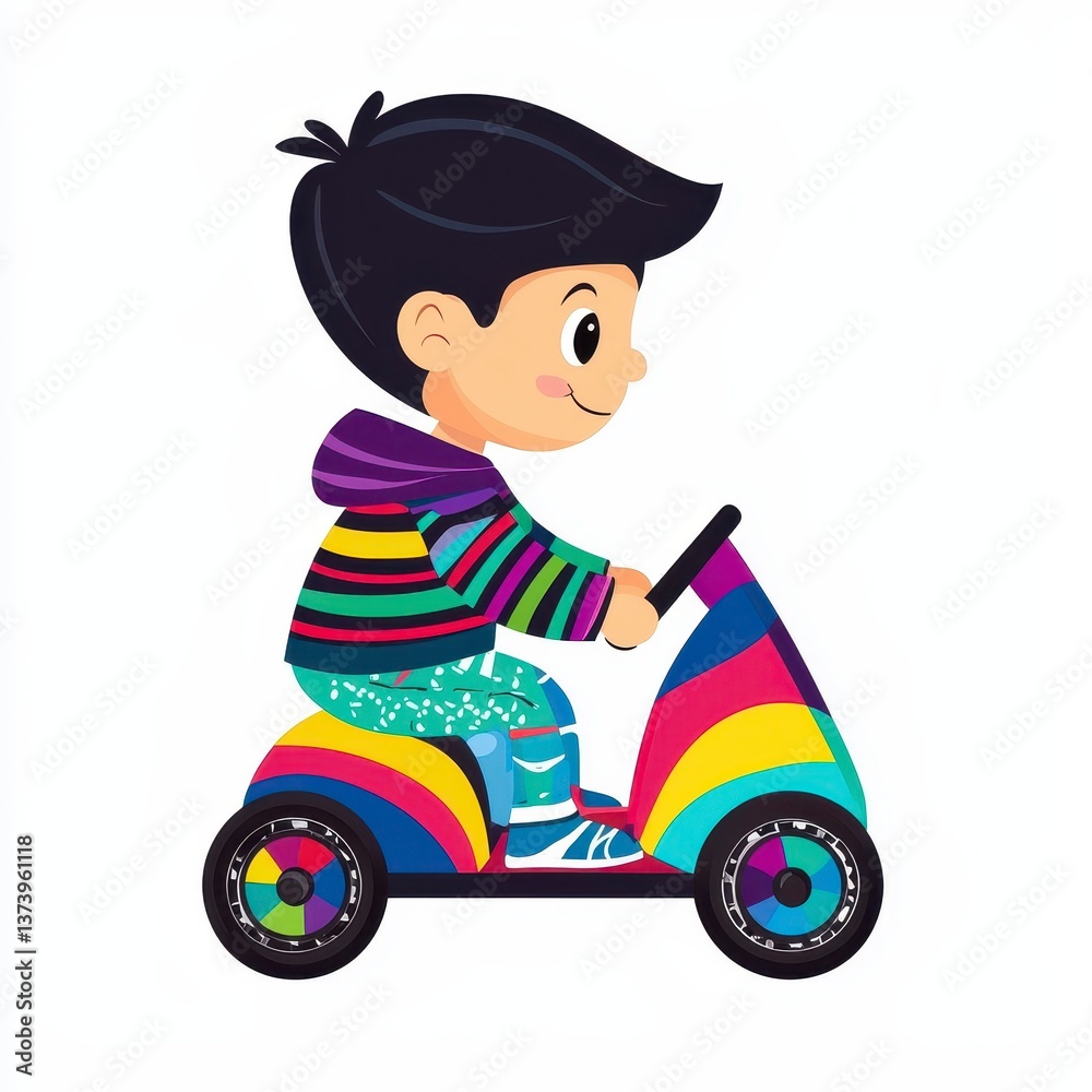 Obraz premium Joyful Cartoon Boy Riding a Rainbow Scooter