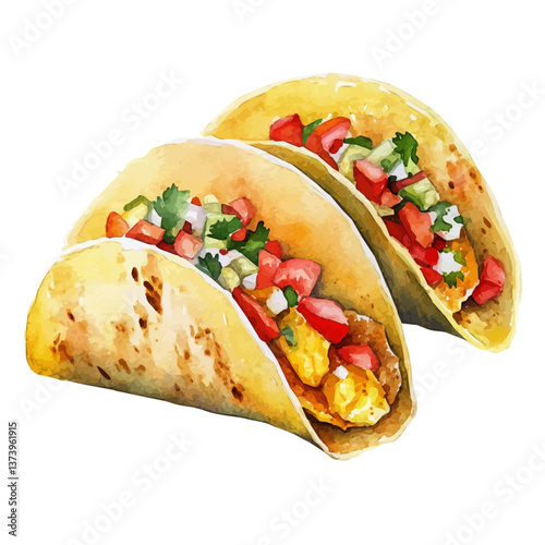 A watercolor vector of breakfast tacos, isolated on a white background. Breakfast tacos vector.

