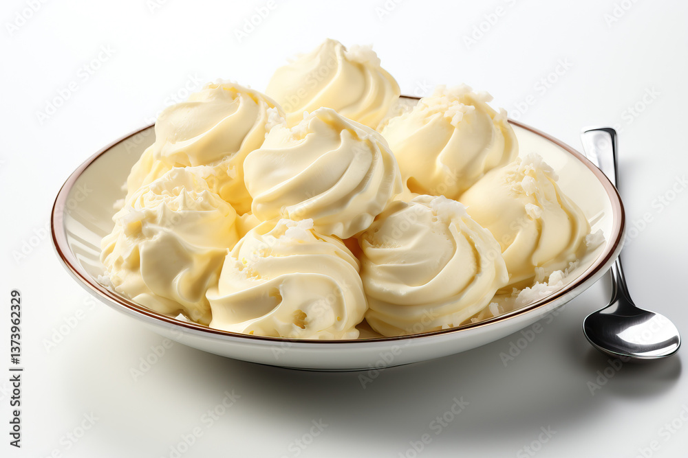 Vanilla white ice cream in bowl isolated on white background.