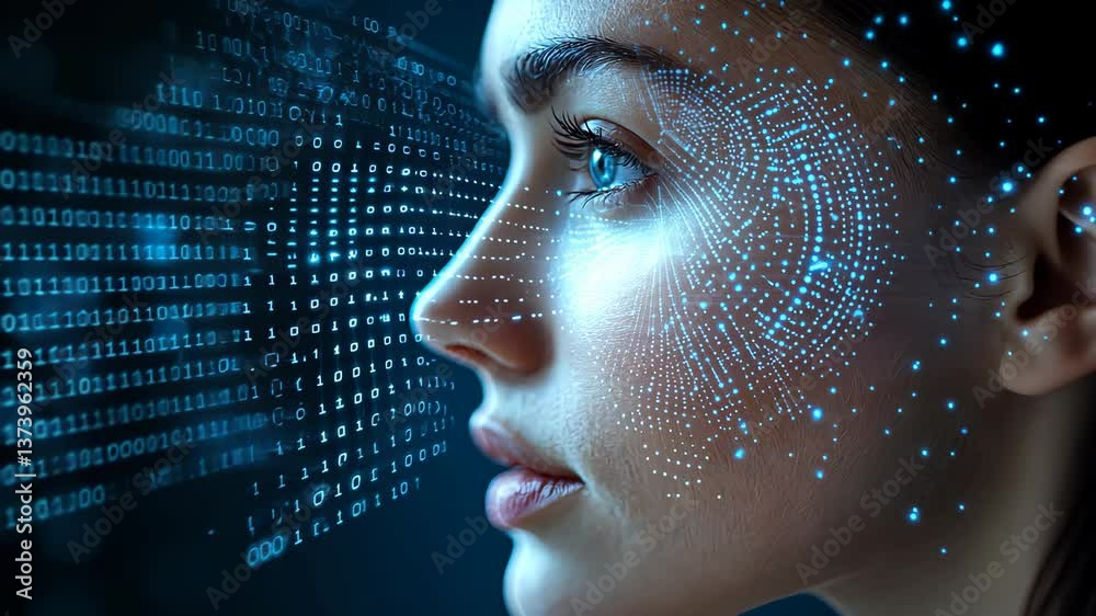 Exploration of digital technology and facial recognition in a futuristic setting highlighting concepts of data and identity