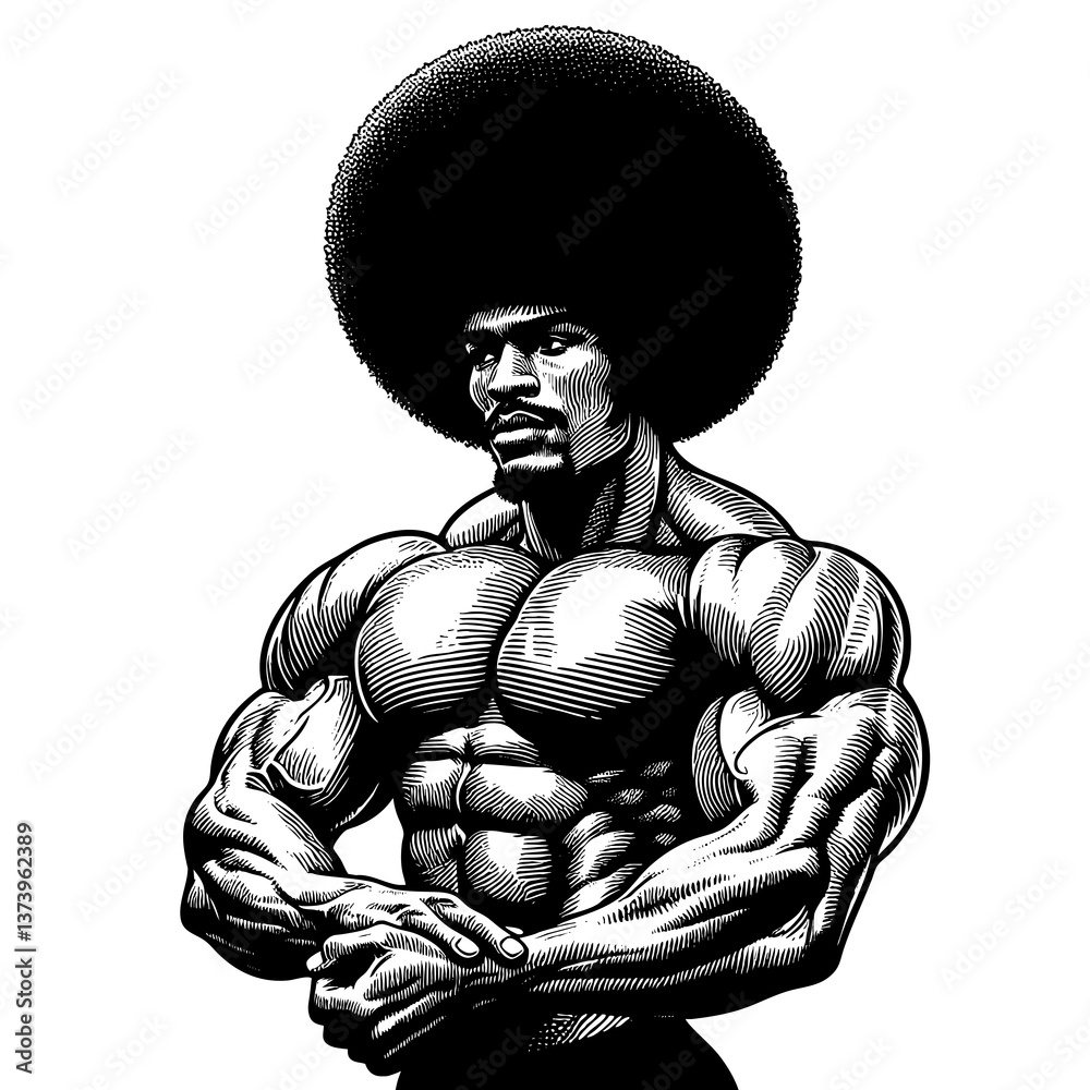 Fototapeta premium highly muscular man with an afro hairstyle flexing his bicep, symbolizing strength, fitness, and bodybuilding sketch engraving generative ai PNG illustration. Scratch board. Black and white image.