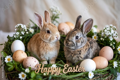 Easter Greeting Card with Adorable Brown Rabbits Decorative Speckled Eggs White Flowers On Green Grass Charming Spring Scene With Cursive Happy Easter Text warm Beige Background Perfect Holiday Wishes