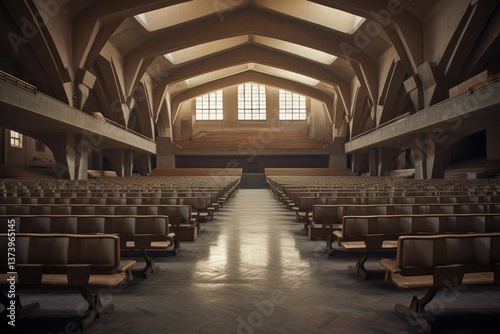 A large empty auditorium with rows of chairs and a stage