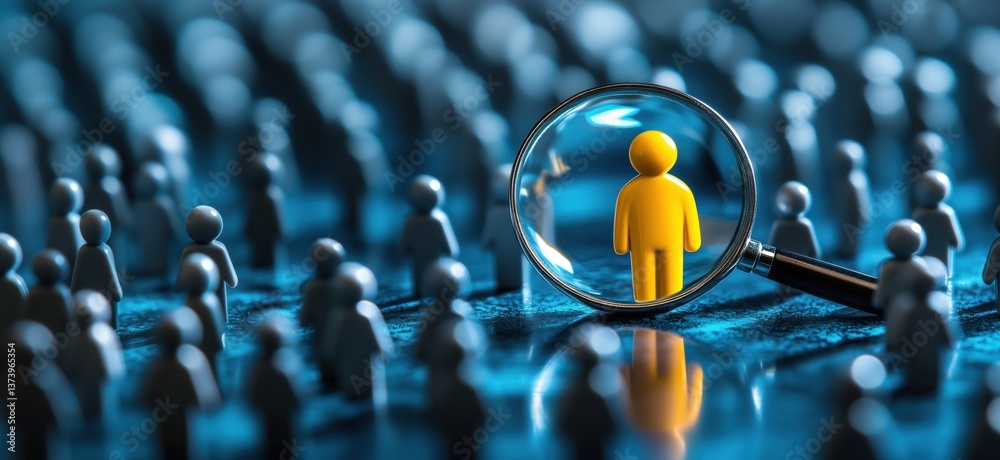 Focus on individuality in a crowd with magnifying glass highlighting yellow figure