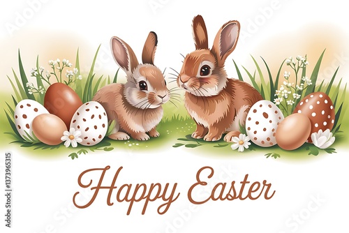 Easter Greeting Card with Adorable Brown Rabbits Decorative Speckled Eggs White Flowers On Green Grass Charming Spring Scene With Cursive Happy Easter Text warm Beige Background Perfect Holiday Wishes