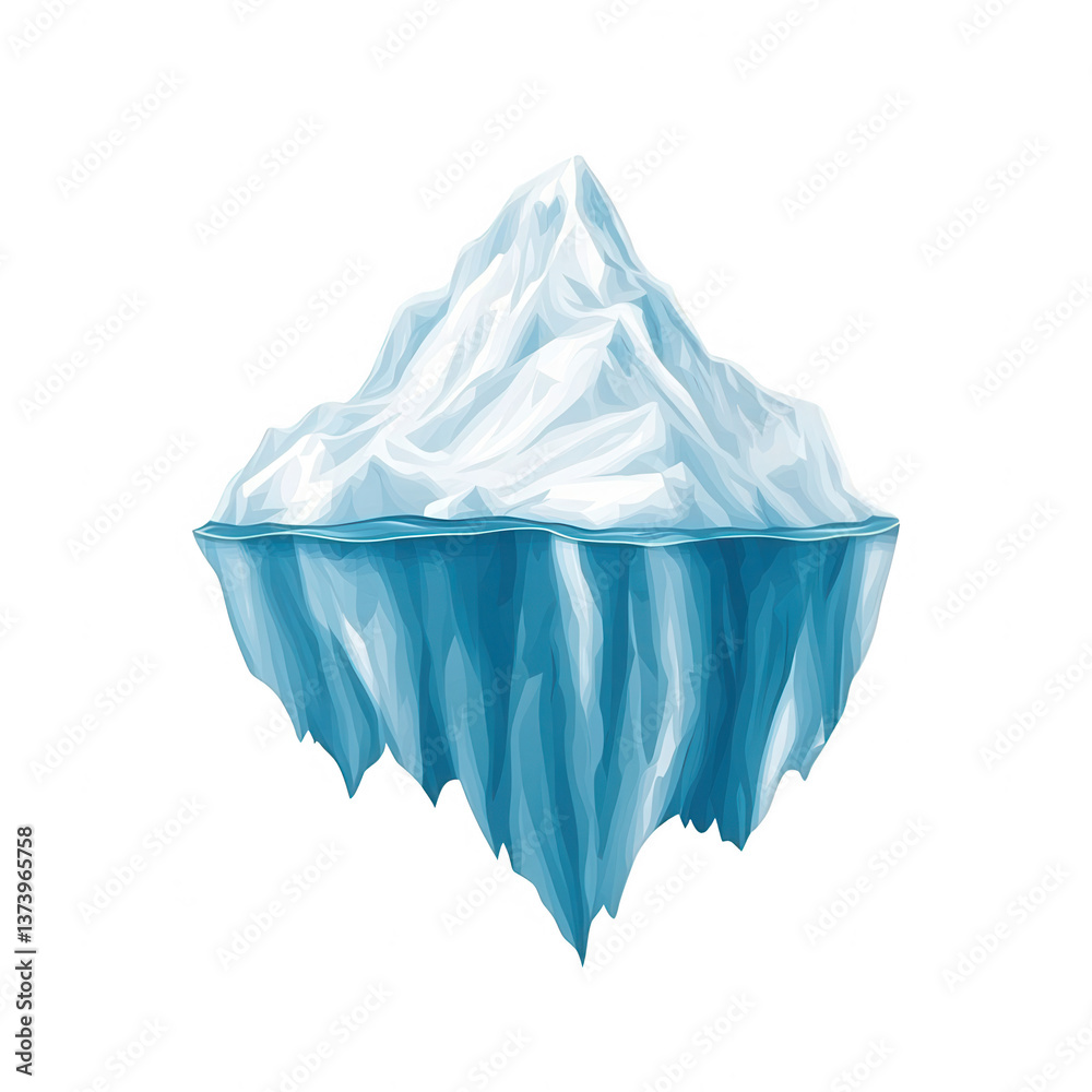 Obraz premium An illustration of a majestic iceberg featuring sharp, jagged edges and deep blue hues, set against a clean white background, showcasing the beauty of nature's frozen formations.