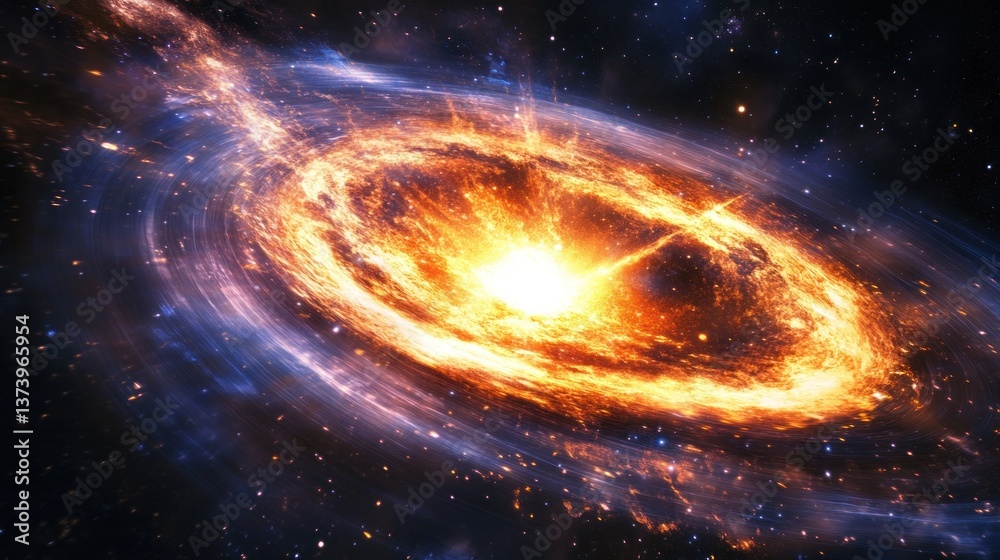 Obraz premium Cosmic explosion in spiral galaxy, fiery core, stellar background, space exploration
