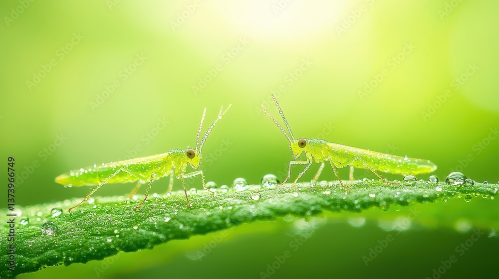 Two Green Grasshoppers on a Leaf, Close up of two green grasshoppers facing each other on a dew covered leaf. Two Green Grasshoppers on a Leaf, Close up of two green grasshoppers facing each other on a dew covered leaf.