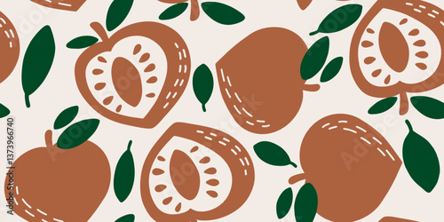 Peach pattern with leaves in a seamless repeating design