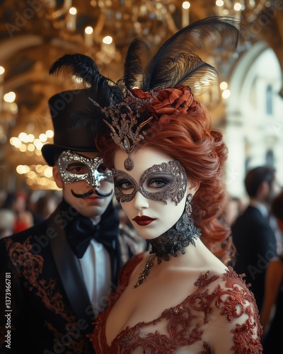 Elegant masquerade ball with attendees in elaborate costumes and masks, capturing a sense of mystery and vintage glamour in opulent setting