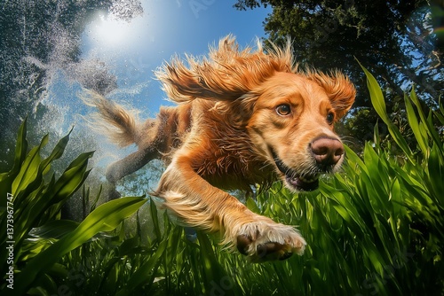 Energetic golden retriever diving underwater with vibrant green plants and sunlight creating a dynamic and thrilling action scene