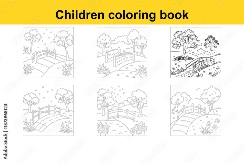 Fototapeta premium Scenic Nature Landscape: Garden with Trees, River, and Wooden Bridge Children's Coloring Book Illustration