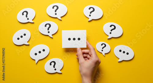 Question and answer concept with speech bubbles on yellow background and hand holding ellipsis card
