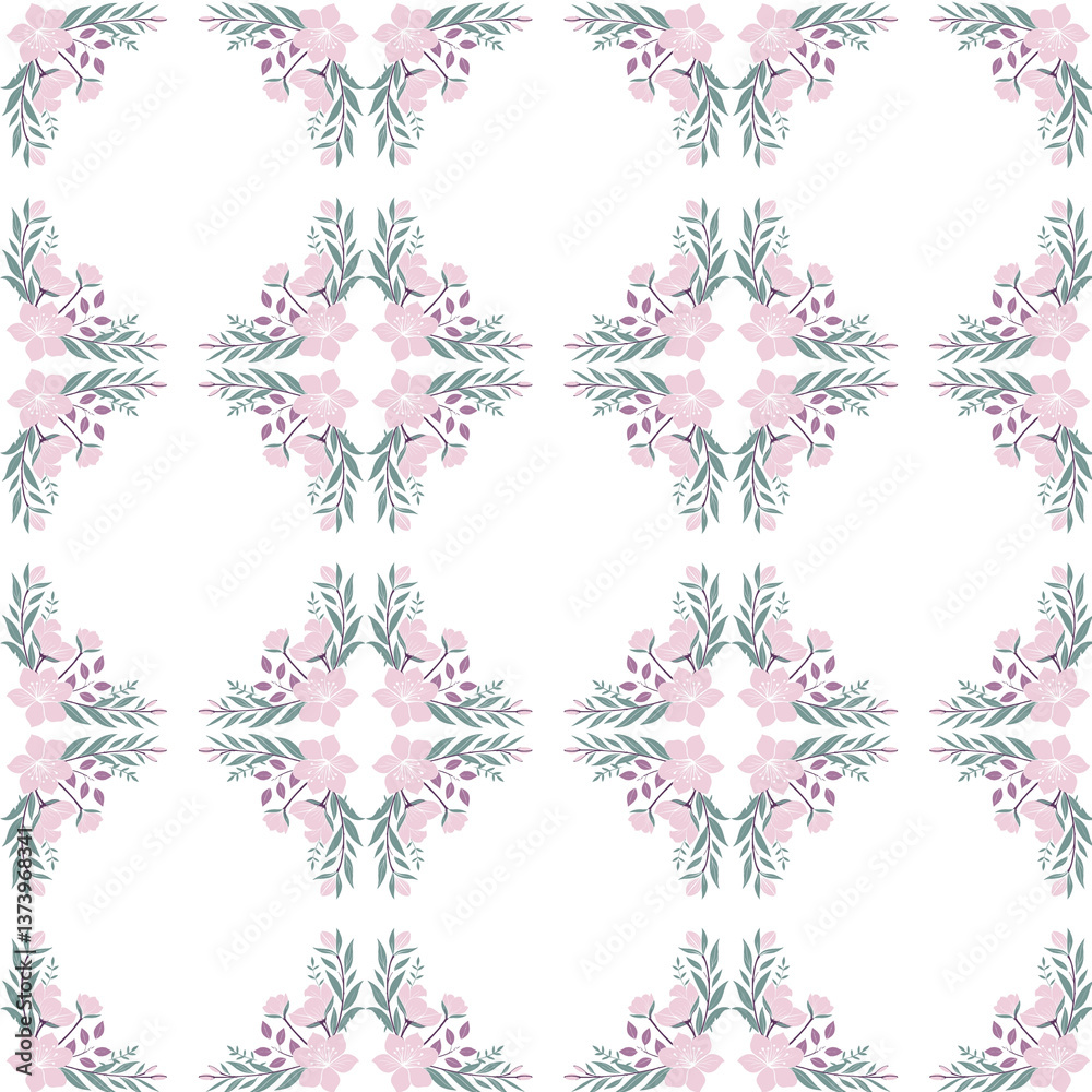 seamless floral pattern in pink, blue and white colors with a bouquet of roses. frame of beautiful flowers and leaves vector design seamless floral pattern in pink, blue and white colors with a bouquet of roses. frame of beautiful flowers and leaves vector design
