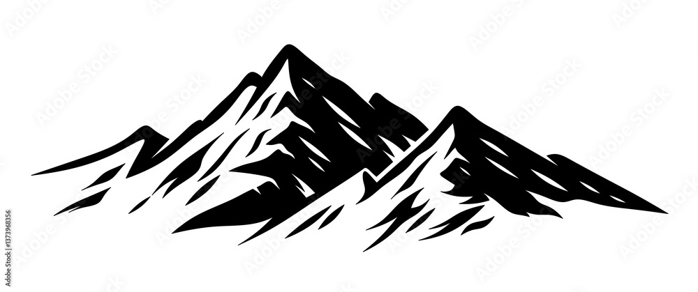 Naklejka premium Mountain logo. Minimalistic mountains. Mountain peaks. Black mountains, clip art. Illustration of a mountain for application on hiking gear. Stylish minimalistic mountain logo for mountaineers.