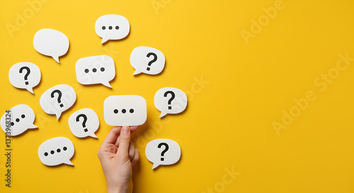Hand holding speech bubble amidst question marks and dots on a vibrant yellow background studio shot