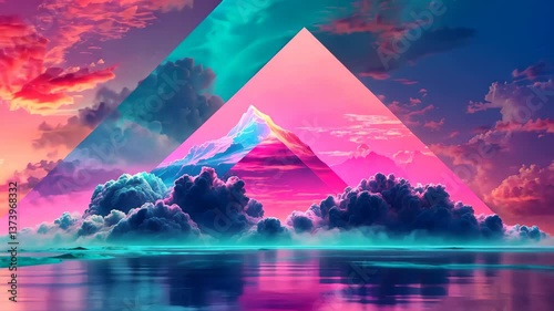 Vibrant geometric landscape at sunset featuring mountains clouds and sea; concept of travel tourism and art
