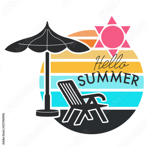 hello summer text vector background with beach umbrella lounger