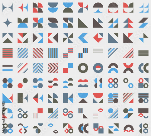 Brutalist abstract geometric shapes. Bauhaus Minimalist Graphic Design Elements. Neo geometric pattern elements. Y2K Geometric design element shapes. Figures, stars, flower and circles.