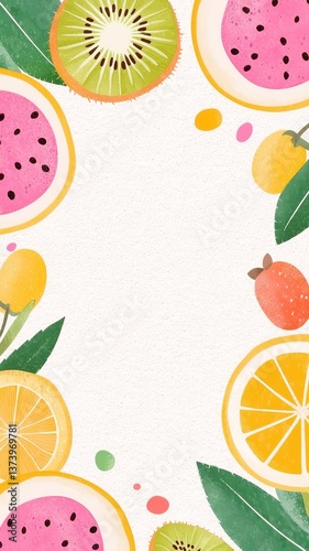 Wallpaper Mural Tropical Fruit Delight, Wholesome watercolor illustration with sliced mango, kiwi, and dragon fruit adorning a clean pastel background, inviting text placement in the center. Torontodigital.ca