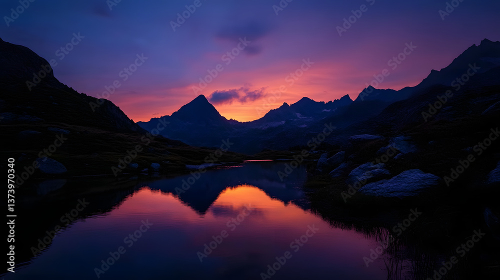 Fototapeta premium A breathtaking view of a mountain sunset, with the sky glowing in a myriad of colors over a tranquil alpine lake.