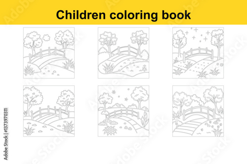 Scenic Nature Landscape: Garden with Trees, River, and Wooden Bridge Children's Coloring Book Illustration
