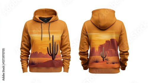 Burnt sienna female hoodie, front and back view, desert sunset theme, front has a small cactus graphic, back features a desert landscape with a vibrant sunset, white background, isolated