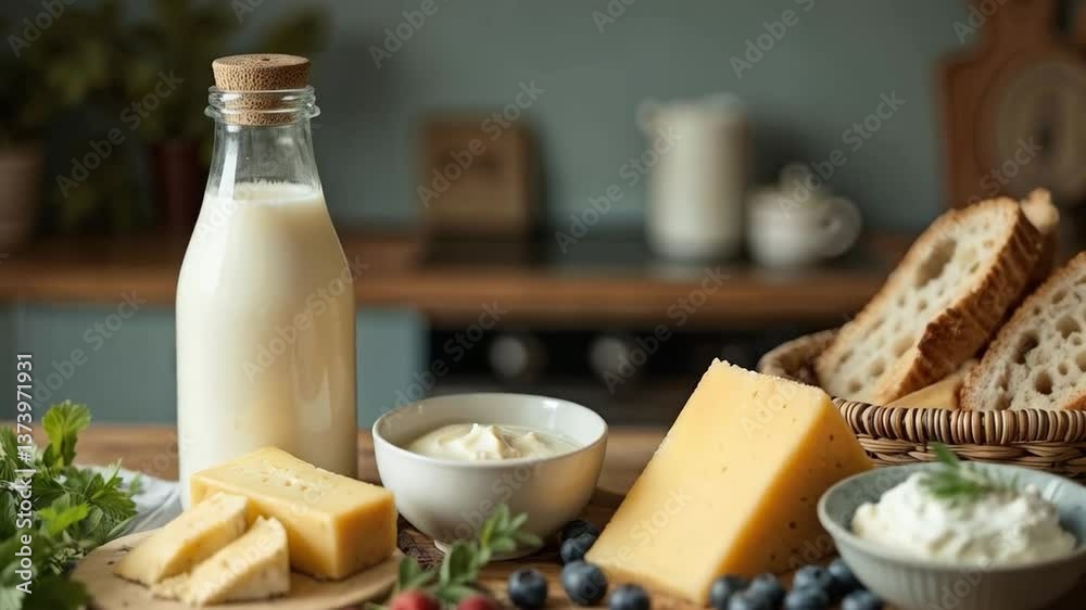 Quesos, leche y frutas frescas sobre mesa rústica de cocina