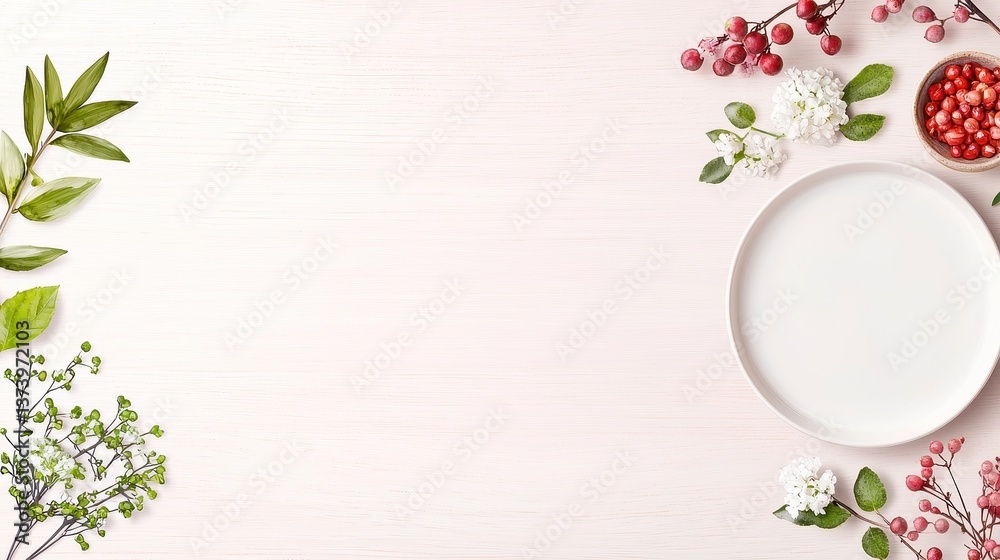 Wholesome Watercolor Scene, Clean food background featuring muted linen, simple plates, fresh ingredients arranged on a light wood surface, inviting and serene atmosphere Wholesome Watercolor Scene, Clean food background featuring muted linen, simple plates, fresh ingredients arranged on a light wood surface, inviting and serene atmosphere