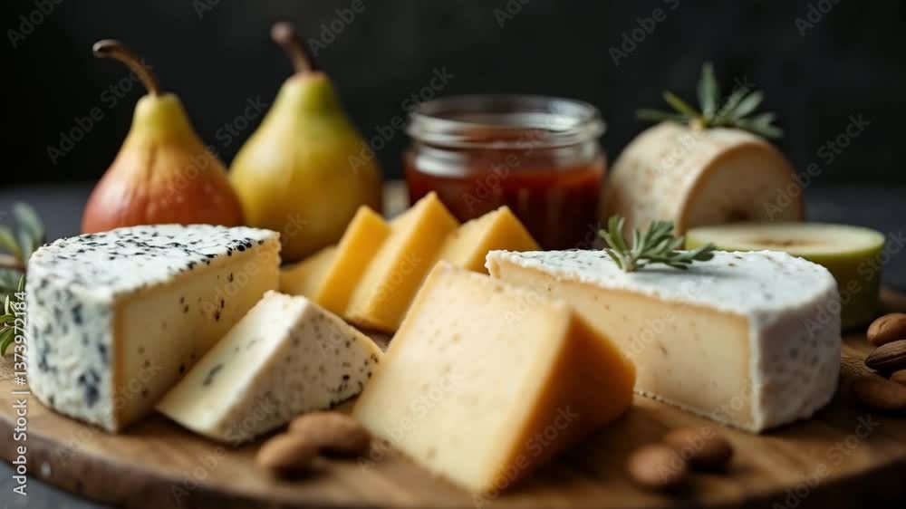 Selección de quesos gourmet con higos, almendras y copa de vino sobre tabla de madera