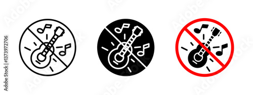 No music icon. Prohibited guitar playing vector illustration. Restriction sign for noise control in public areas. Warning symbol for maintaining silence, preventing disturbances and urban regulations.